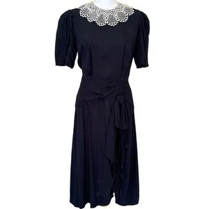 Vintage black crepe dress, lace collar, small, Wednesday Addams, witchy